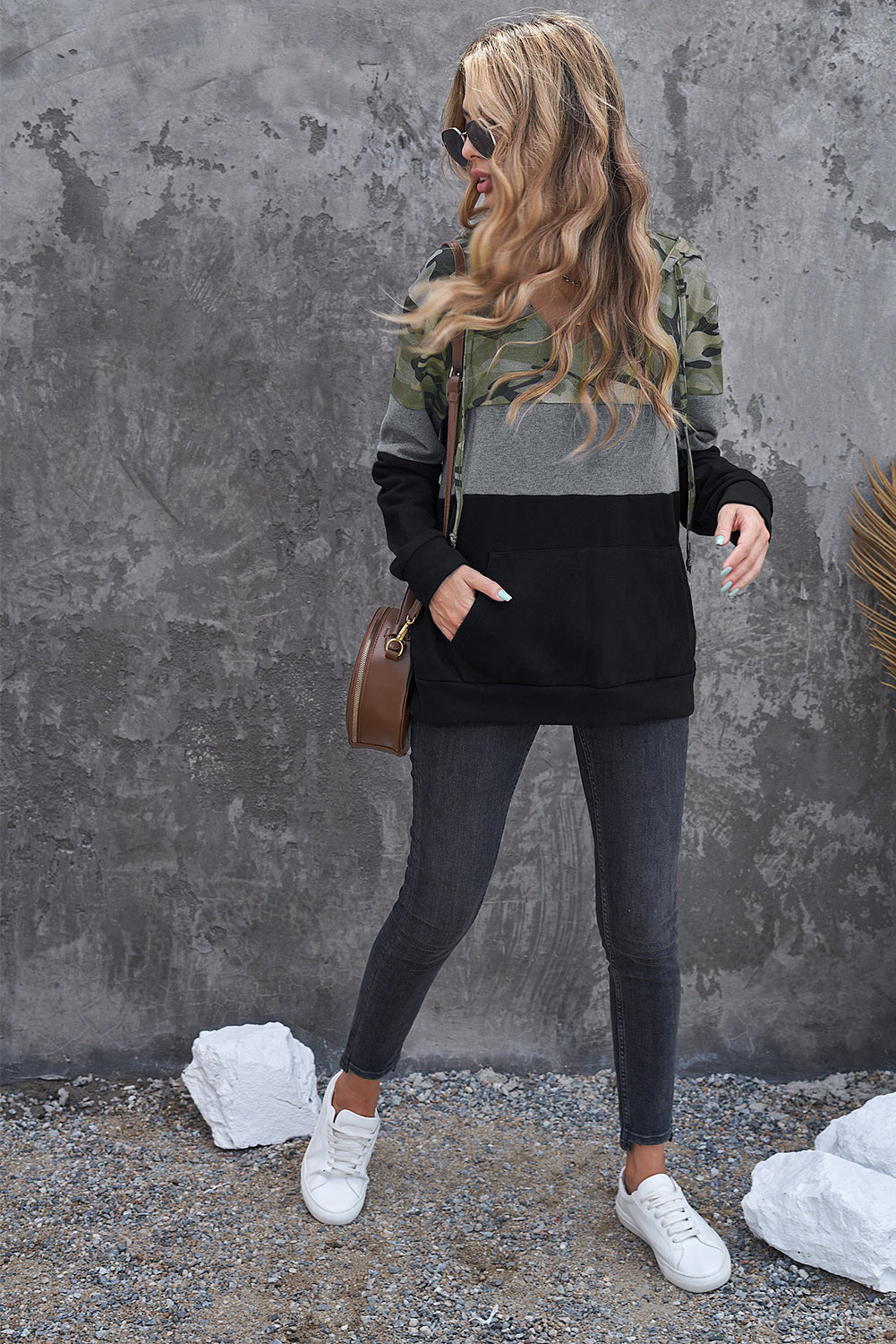 Black Leopard Splicing Kangaroo Pocket Drawstring Hoodie featuring camouflage and leopard print design with a wide neckline and kangaroo pocket.