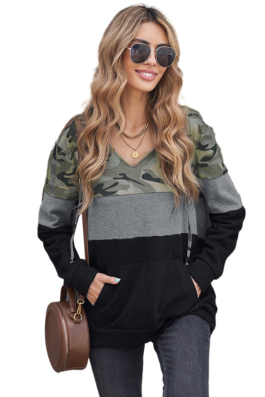 Black Leopard Splicing Kangaroo Pocket Drawstring Hoodie featuring camouflage and leopard print design with a wide neckline and kangaroo pocket.