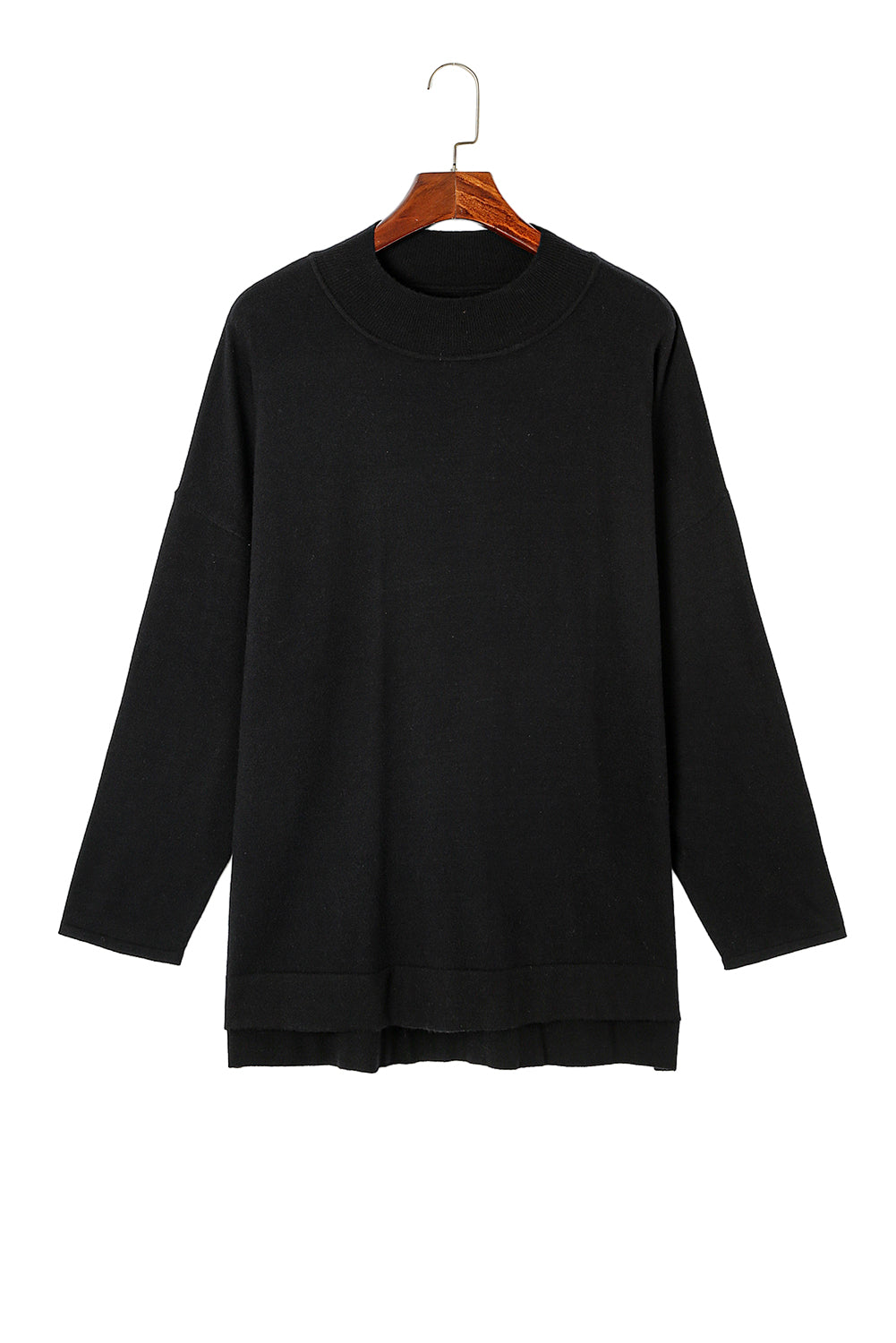 Black plus size loose sweater with side slits and high neck design, showcasing a relaxed fit and stylish look.