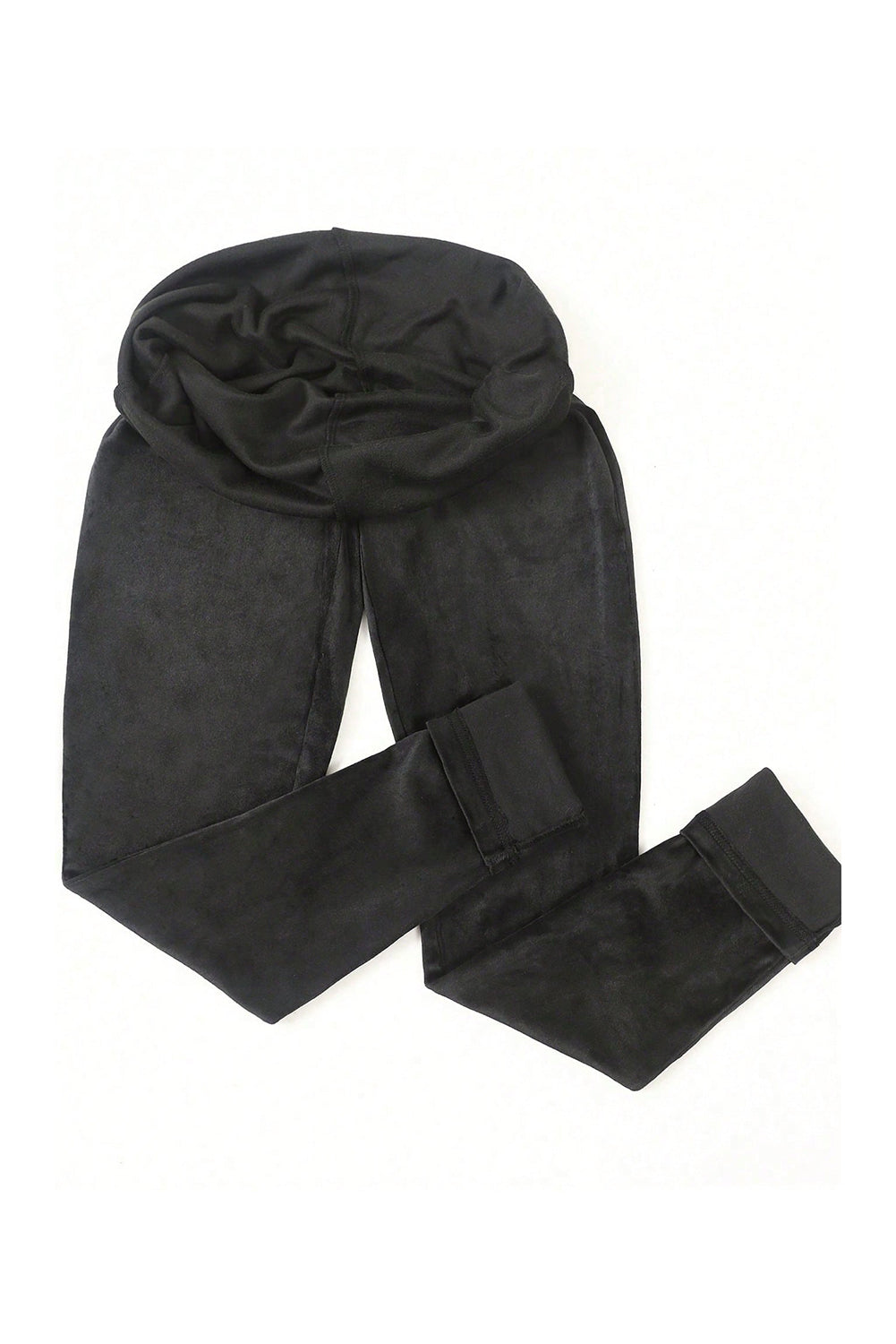 A pair of black solid high waist thermal lined leggings, showcasing their soft texture and stylish design, perfect for cold weather.