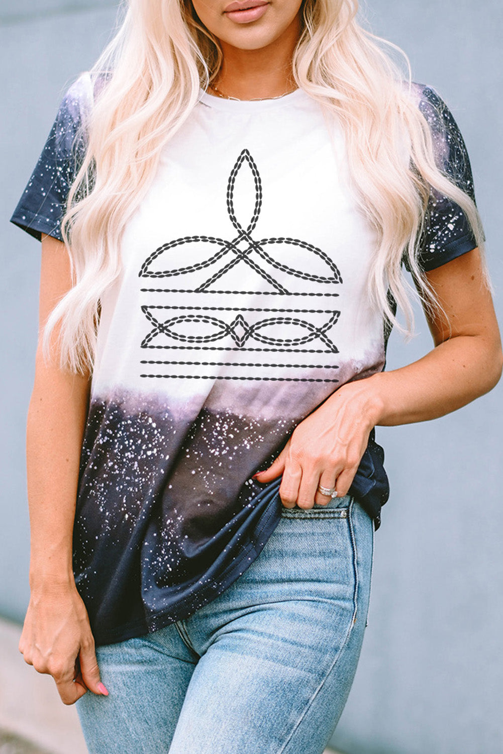 Black Tie Dye Bleached Western Fashion Graphic T-shirt featuring a unique design and comfortable fit, perfect for casual wear.