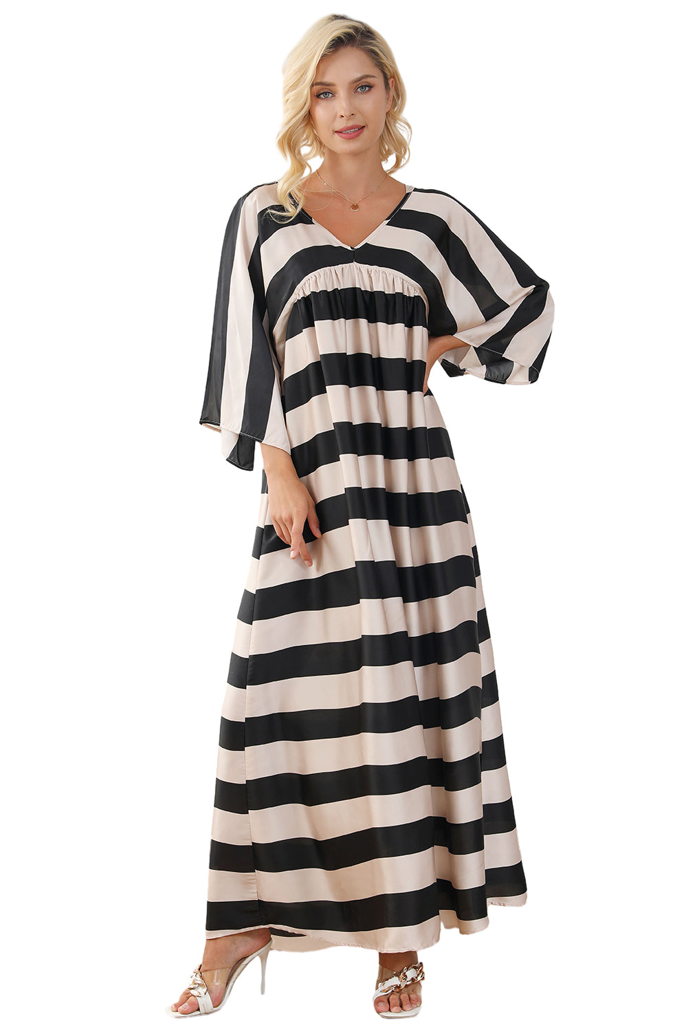 A stylish black maxi dress featuring a v neck and kimono sleeves, adorned with a classic striped print, perfect for elegant occasions.