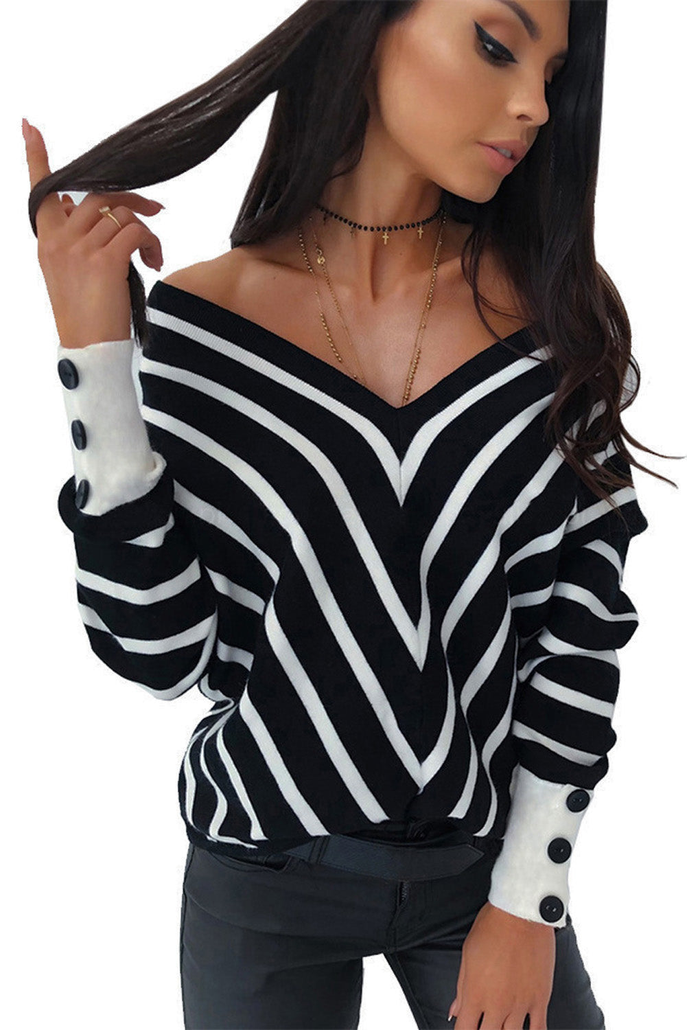 Black V Neck Popper Cuff Striped Casual Sweater featuring a deep V neck and elastic cuffs, styled with a classic chevron striped pattern.