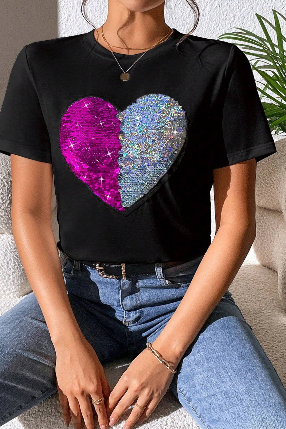 Black Valentine Two Tone Sequined Heart Shaped Graphic T Shirt featuring a shimmering heart design, perfect for romantic occasions.