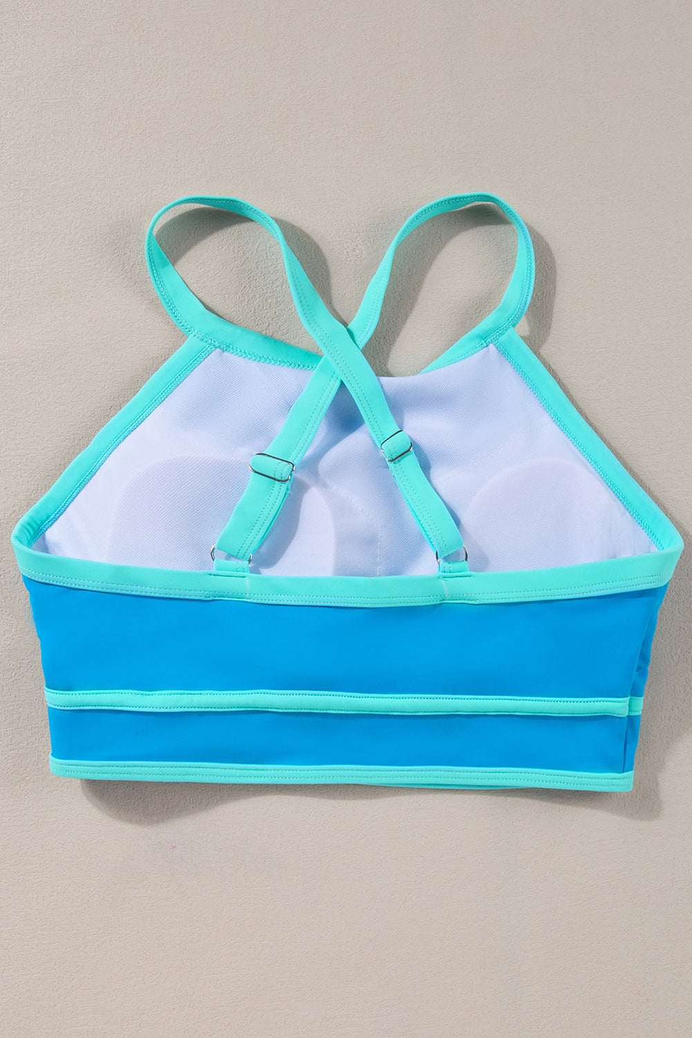 Blue Contrast Trim Crisscross Back High Waisted Bikini showcasing stylish design and comfortable fit.