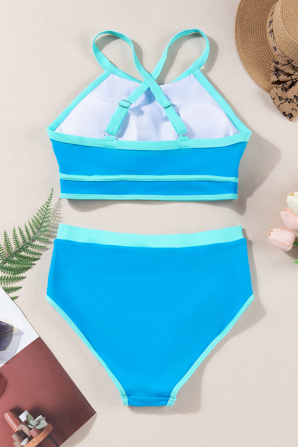Blue Contrast Trim Crisscross Back High Waisted Bikini showcasing stylish design and comfortable fit.