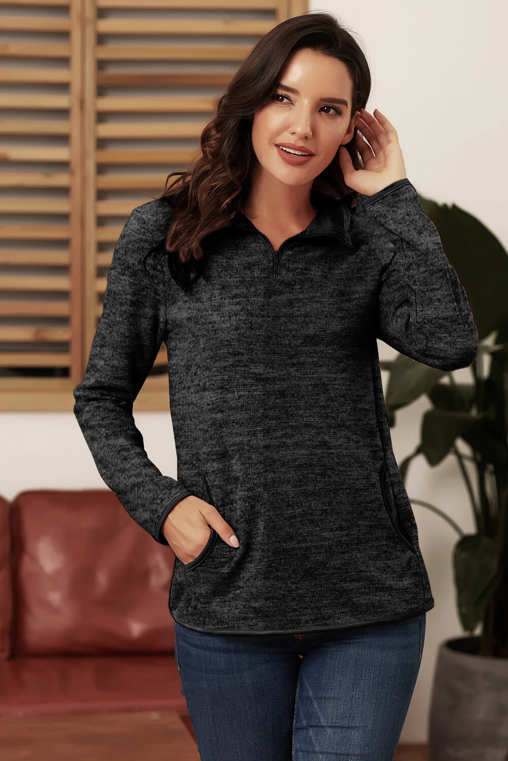 Blue Quarter Zip Pullover Sweatshirt featuring a kangaroo pocket and soft fabric, perfect for casual and sportswear.