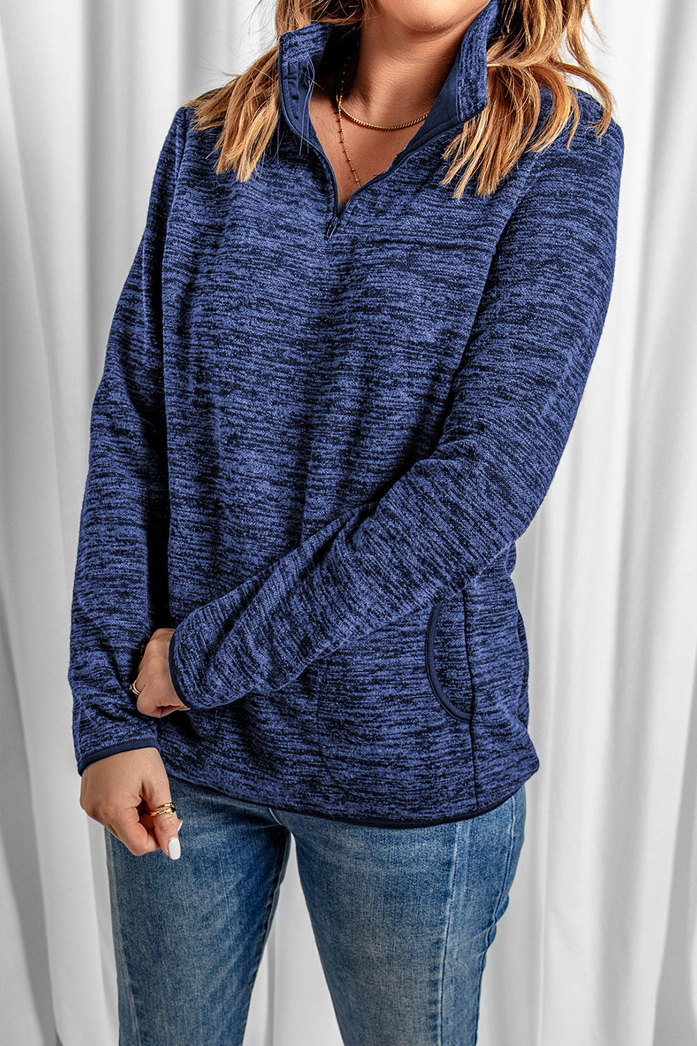 Blue Quarter Zip Pullover Sweatshirt featuring a kangaroo pocket and soft fabric, perfect for casual and sportswear.