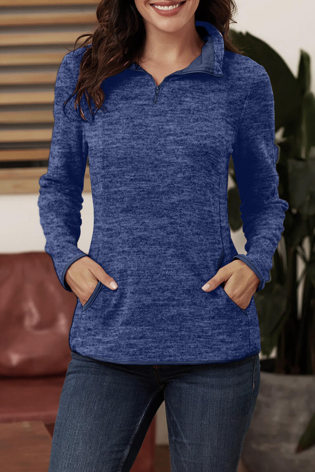 Blue Quarter Zip Pullover Sweatshirt featuring a kangaroo pocket and soft fabric, perfect for casual and sportswear.