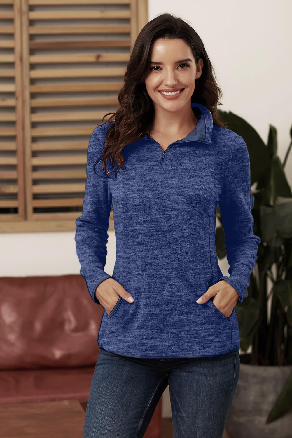 Blue Quarter Zip Pullover Sweatshirt featuring a kangaroo pocket and soft fabric, perfect for casual and sportswear.