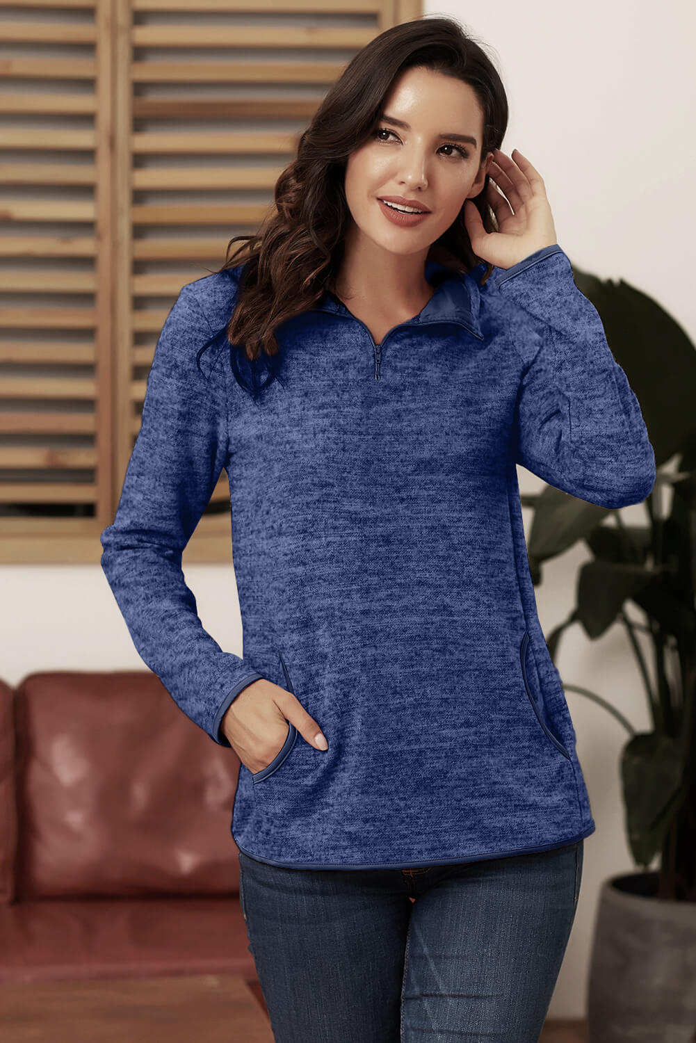 Blue Quarter Zip Pullover Sweatshirt featuring a kangaroo pocket and soft fabric, perfect for casual and sportswear.