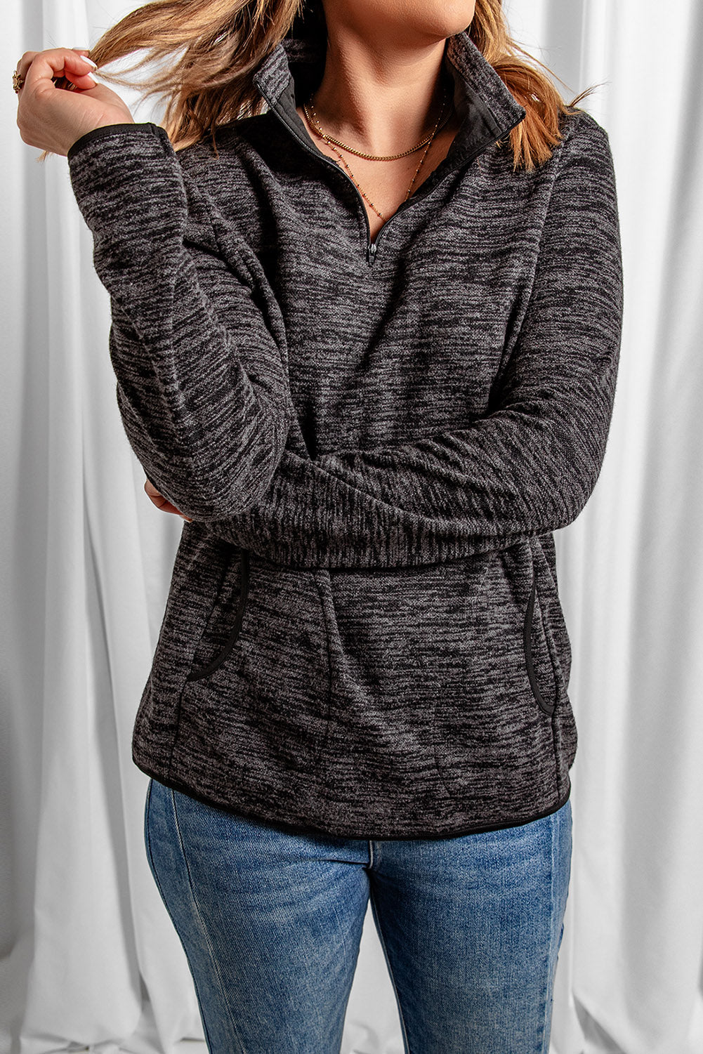 Blue Quarter Zip Pullover Sweatshirt featuring a kangaroo pocket and soft fabric, perfect for casual and sportswear.