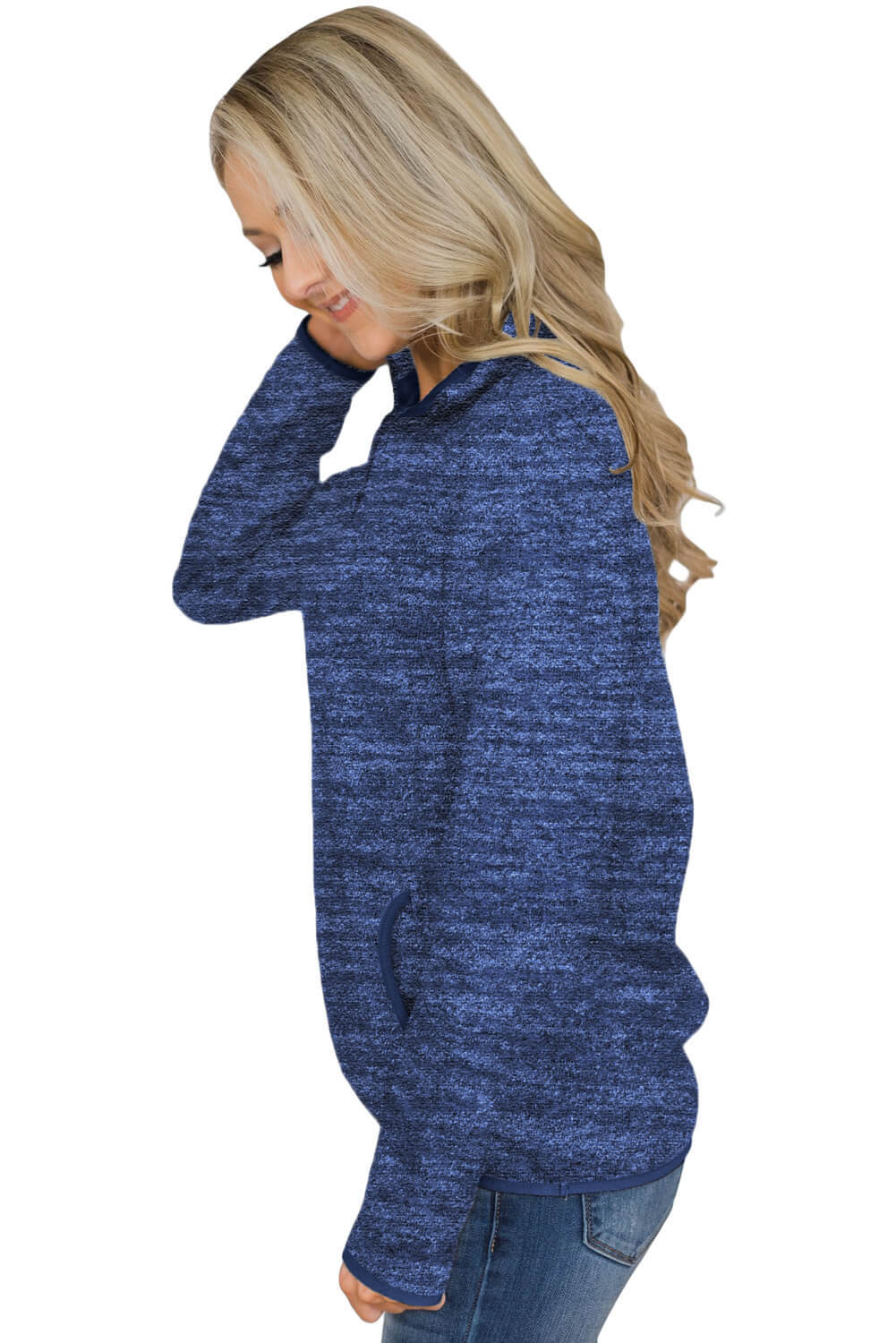 Blue Quarter Zip Pullover Sweatshirt featuring a kangaroo pocket and soft fabric, perfect for casual and sportswear.