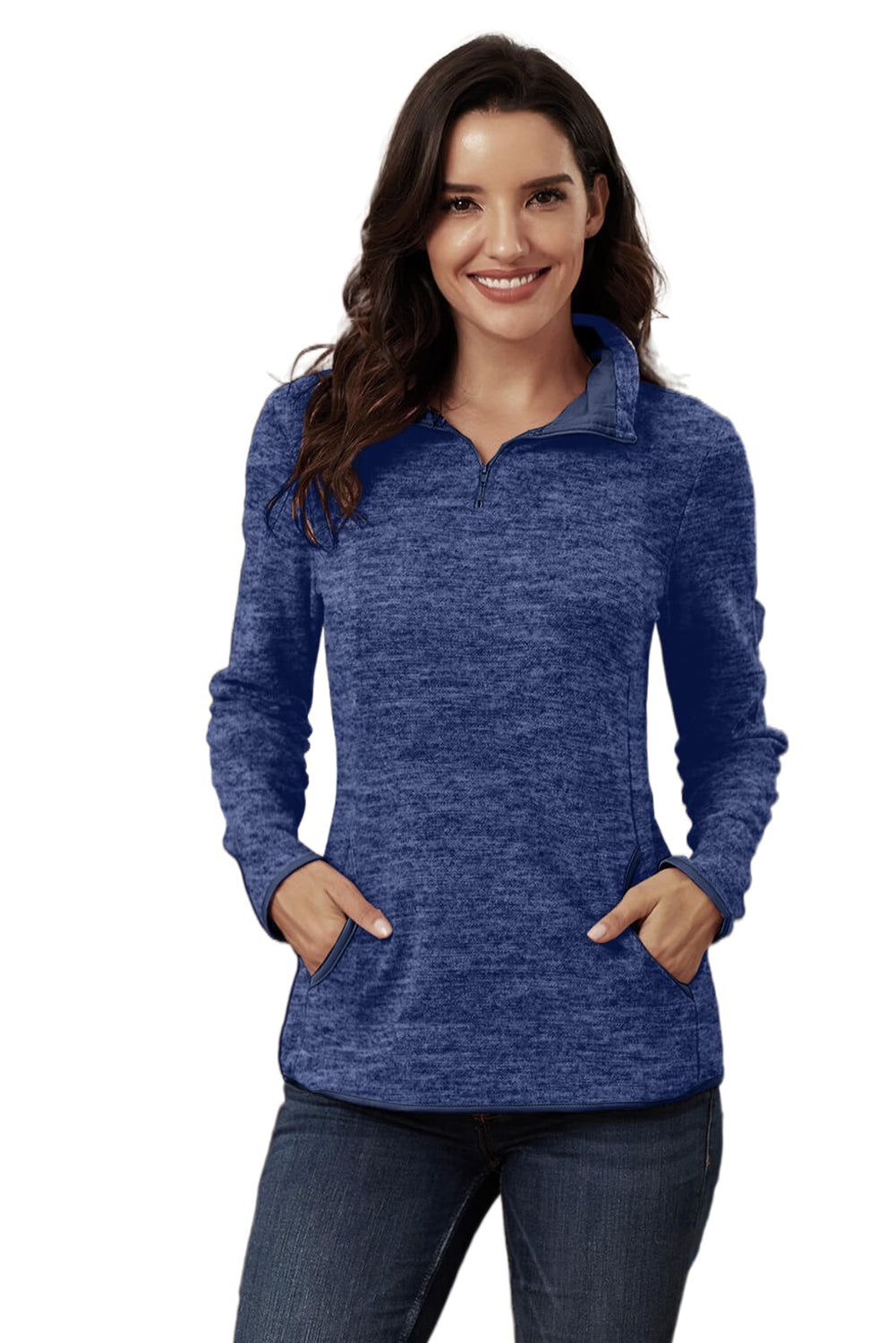 Blue Quarter Zip Pullover Sweatshirt featuring a kangaroo pocket and soft fabric, perfect for casual and sportswear.