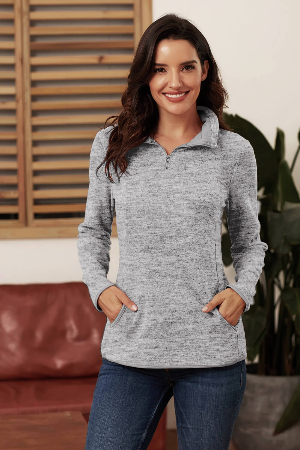 Blue Quarter Zip Pullover Sweatshirt featuring a kangaroo pocket and soft fabric, perfect for casual and sportswear.