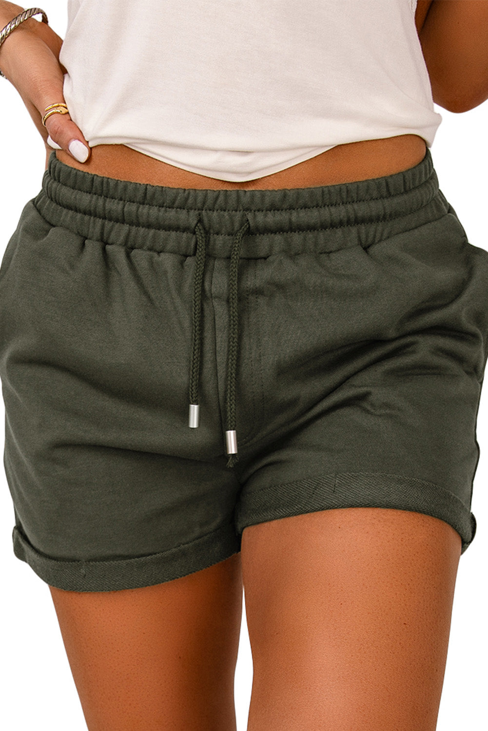 Blue tie waist cuffed lounge shorts with side pockets, perfect for summer wear.