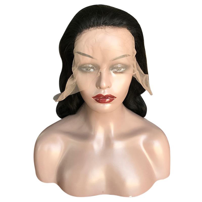 Body Wave 13x6 Transparent Lace Frontal Brazilian Human Hair Wig displayed on a mannequin, showcasing its natural black color and body wave texture.