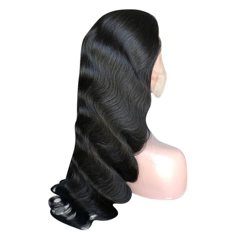 Body Wave 13x6 Transparent Lace Frontal Brazilian Human Hair Wig displayed on a mannequin, showcasing its natural black color and body wave texture.