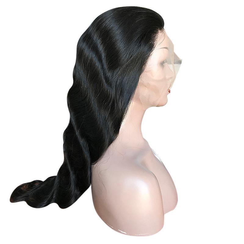 Body Wave 13x6 Transparent Lace Frontal Brazilian Human Hair Wig displayed on a mannequin, showcasing its natural black color and body wave texture.