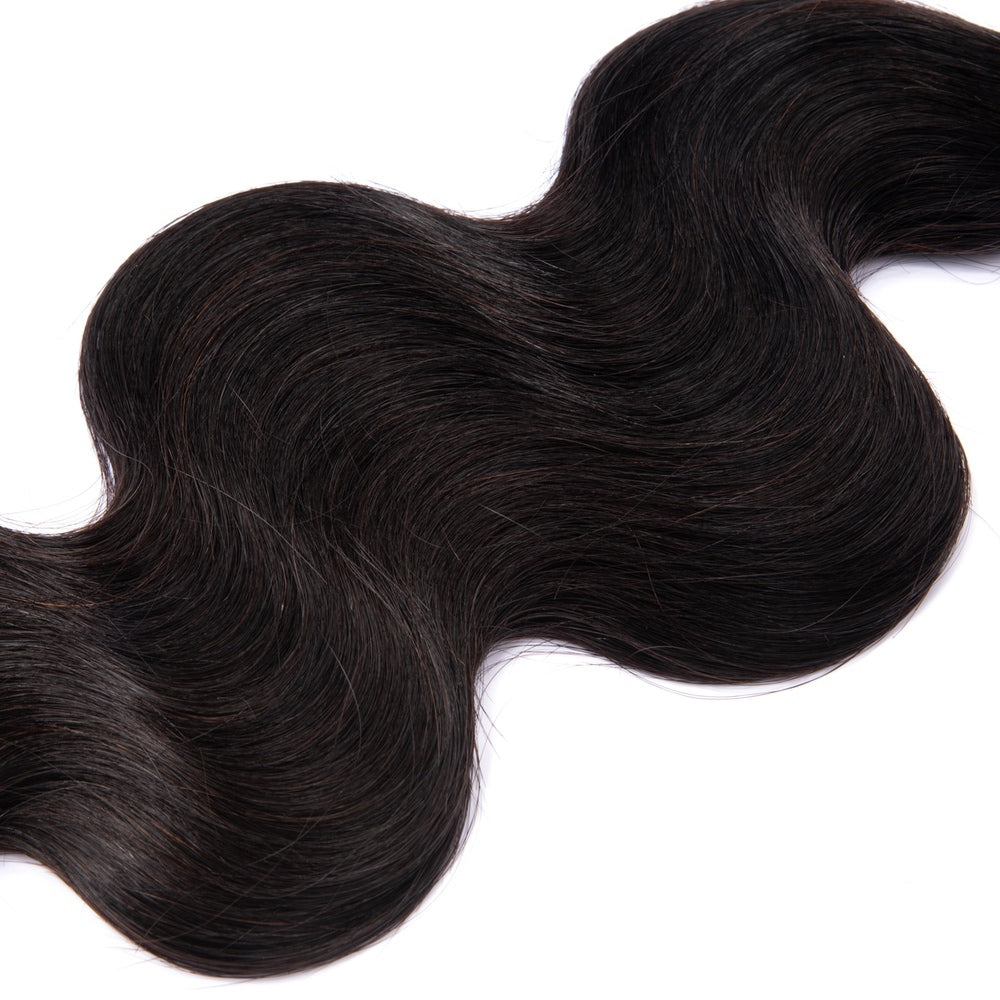Body Wave Texture 100% Virgin Human Hair Bundles in natural black color, showcasing luxurious waves and high-quality weft construction.
