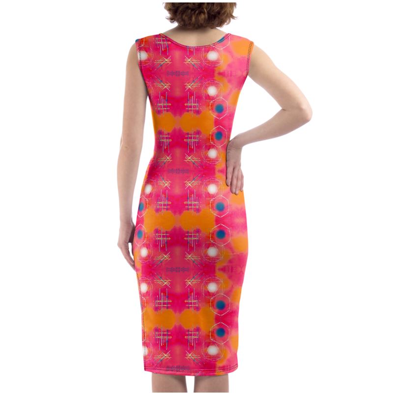 A stylish designer sleeveless bodycon dress featuring a split leg design, made from poly-elastane jersey fabric, perfect for various occasions.
