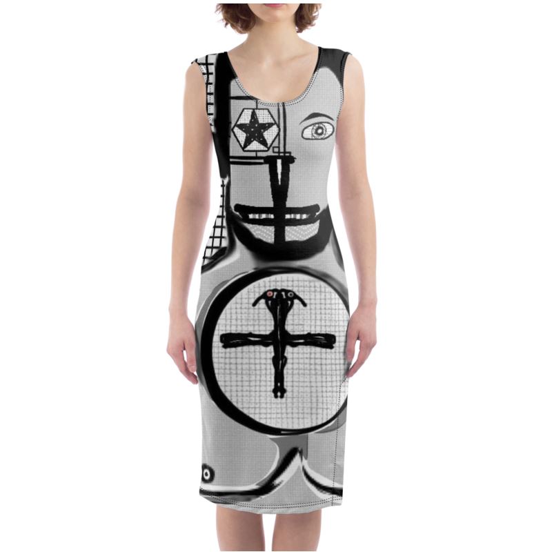 A stylish designer sleeveless bodycon dress featuring a split leg design, made from poly-elastane jersey fabric, perfect for any occasion.