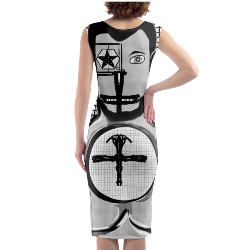 A stylish designer sleeveless bodycon dress featuring a split leg design, made from poly-elastane jersey fabric, perfect for any occasion.