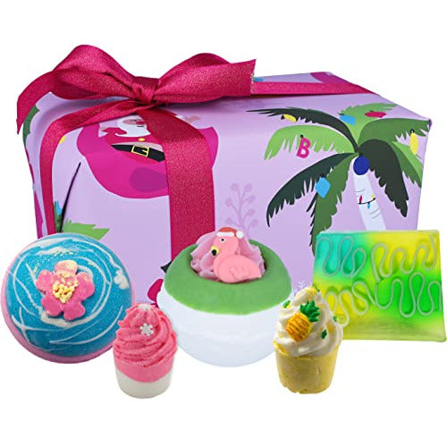 Bomb Cosmetics Christmas Tropicana Gift Set featuring 5 colorful bath products in festive packaging.