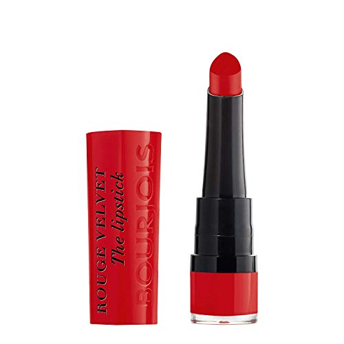 Bourjois Rouge Velvet Lipstick in shade 08 Rubi's Cute, showcasing its vibrant matte finish and sleek packaging.