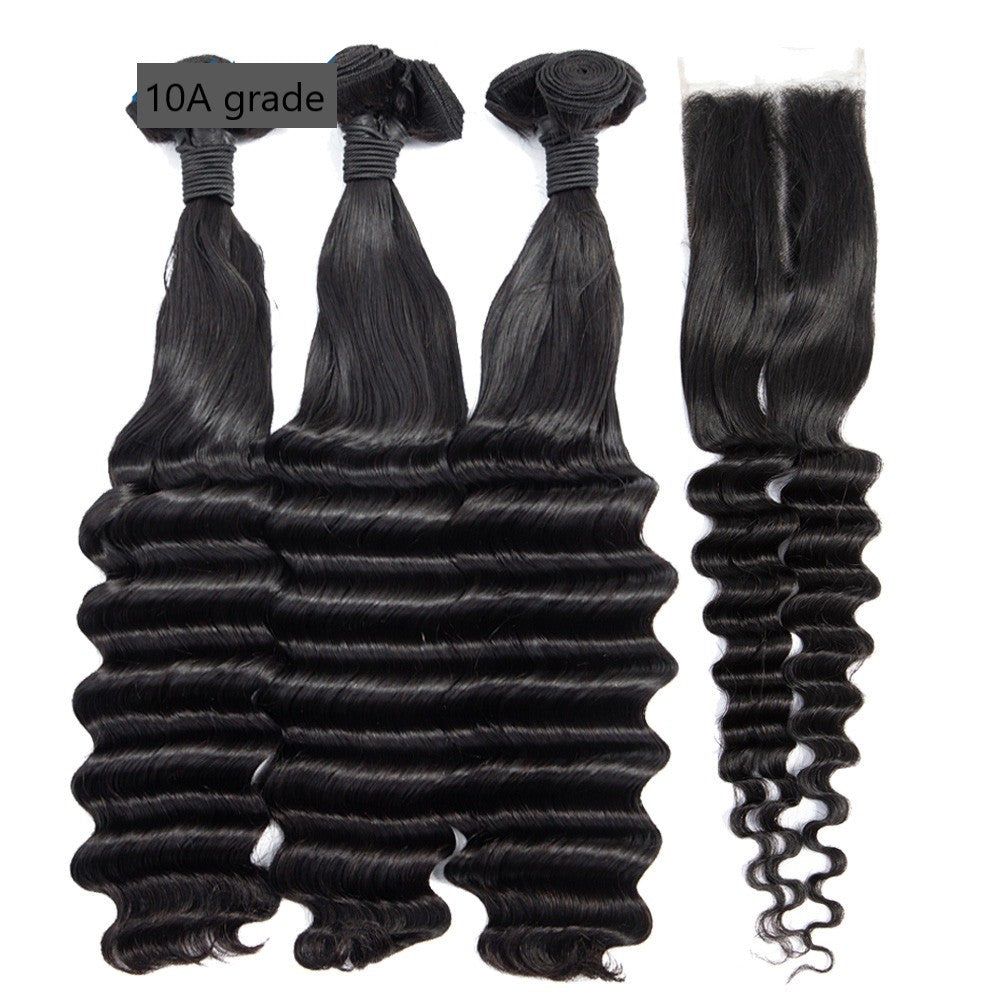 Brazilian 3/4 Fancy Deep Wavy Fumi Human Hair bundles with 4x4 Closure, showcasing luxurious waves and high-quality Swiss Lace.