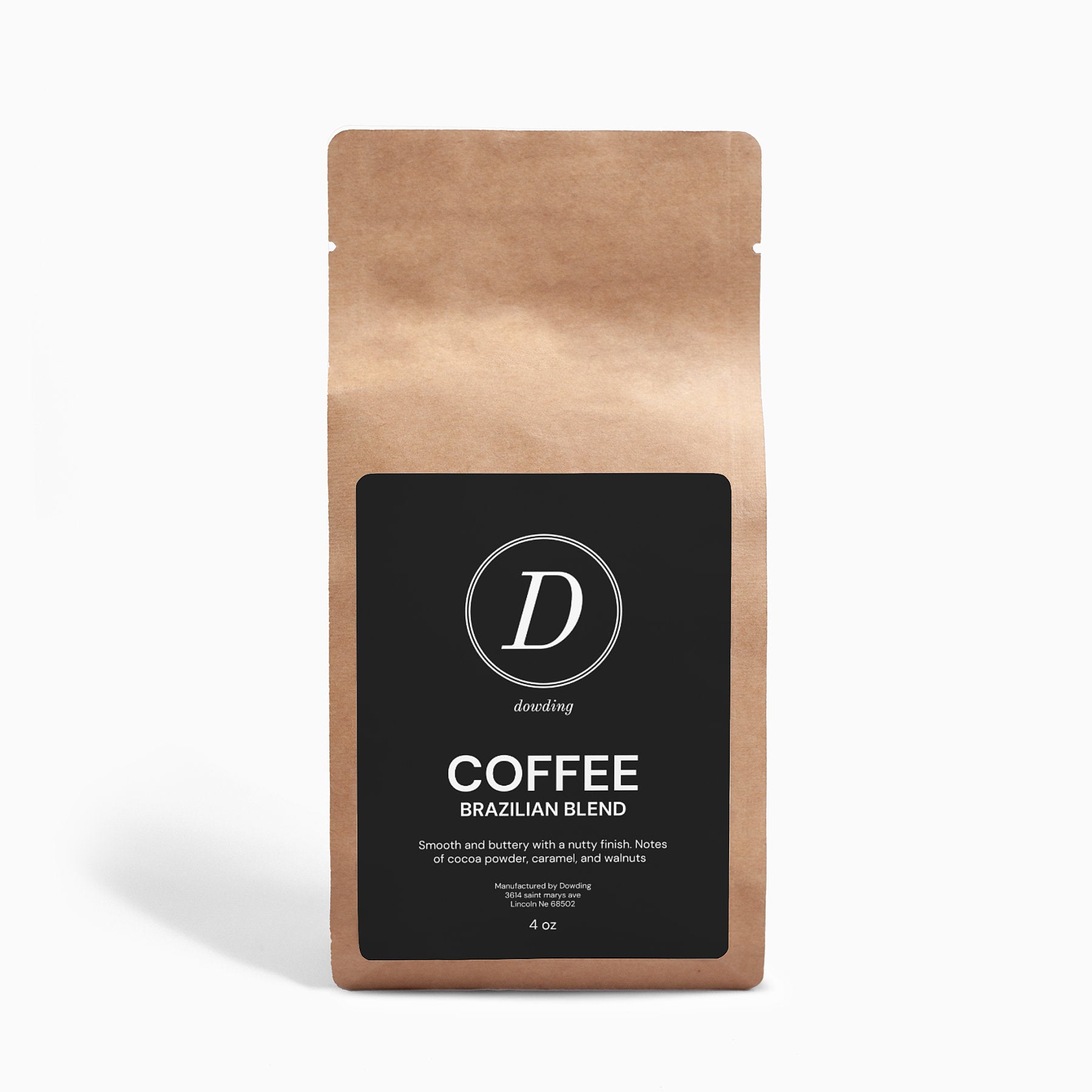 A 4oz package of Brazilian Blend coffee featuring whole Arabica beans with rich cocoa, caramel, and walnut notes.