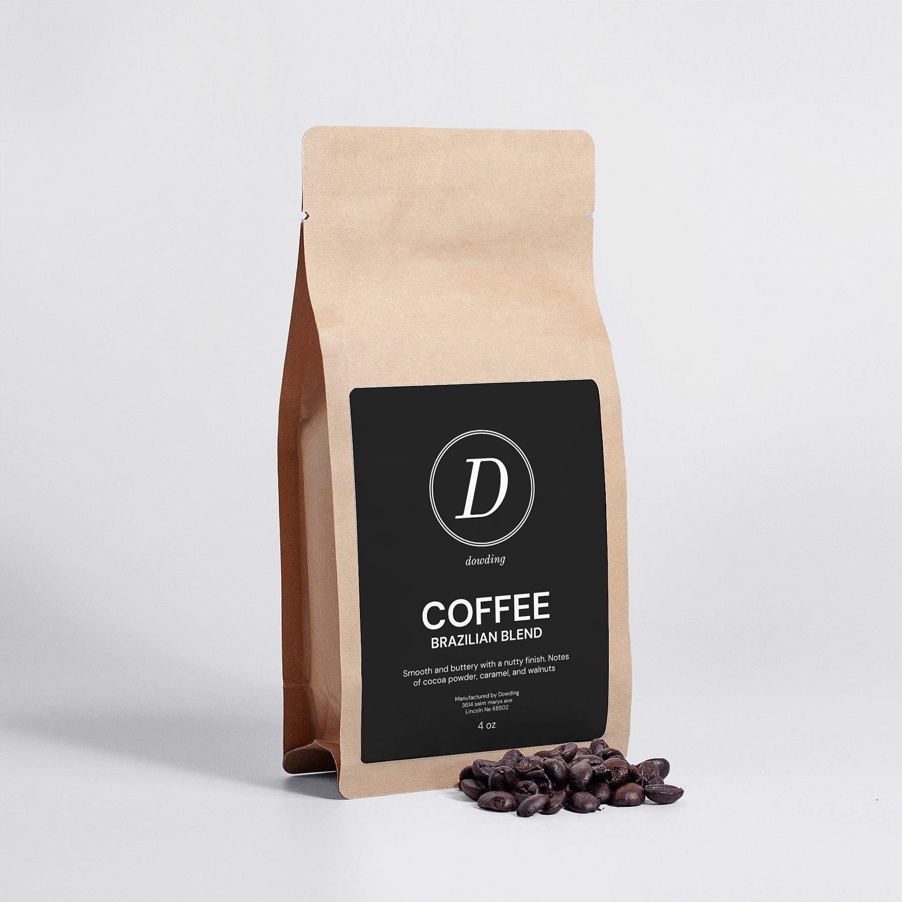 A 4oz package of Brazilian Blend coffee featuring whole Arabica beans with rich cocoa, caramel, and walnut notes.