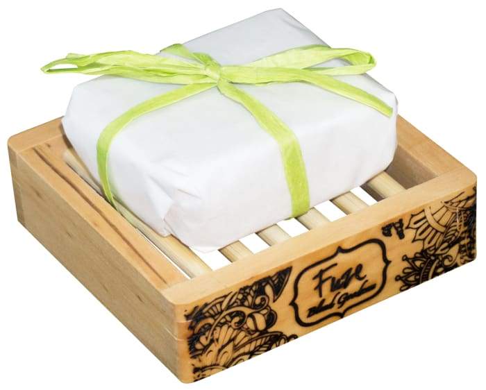 Breathe Clear Burst Bar with wooden soap dish, showcasing its vibrant colors and unique design.