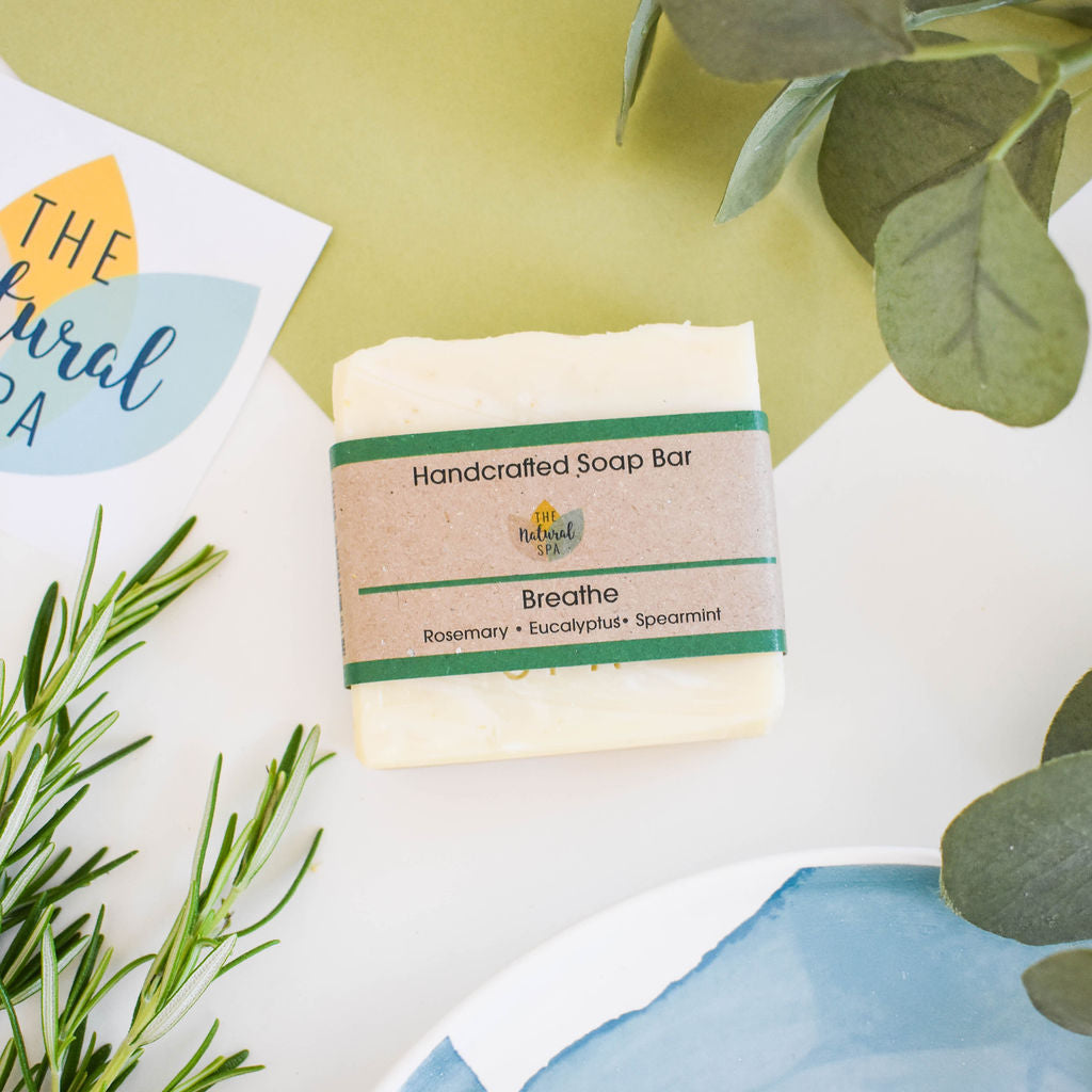 Breathe Cold Process Soap bar featuring rosemary, eucalyptus, and spearmint, elegantly designed for luxury bathing.