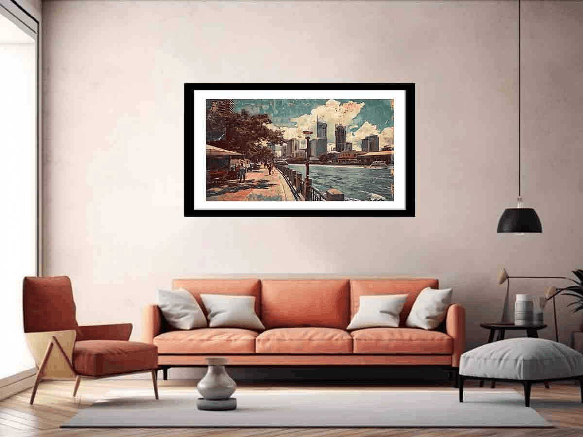 Brisbane City Vintage Art framed in a matte black frame, showcasing vibrant colors and intricate details on archival quality paper.