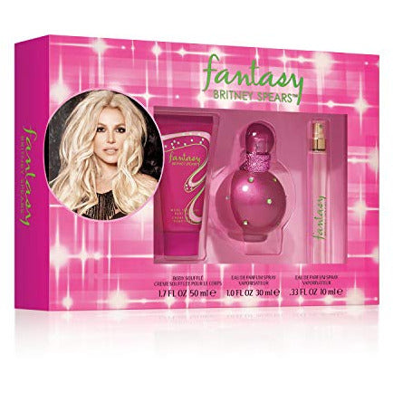 Britney Spears Fantasy Gift Set featuring 30ml EDP Spray, 50ml Body Souffle, and 10ml EDP Spray in elegant packaging.