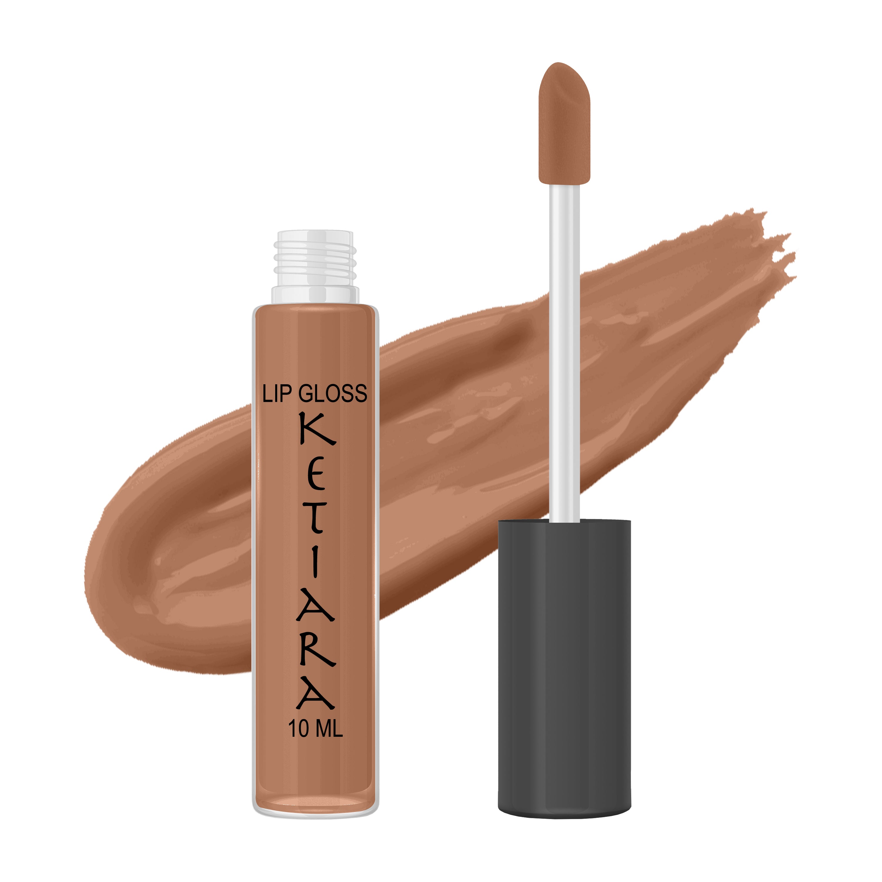 Brown Coconut Hydrating and Moisturizing Lip Gloss in a sleek tube, showcasing its creamy texture and vibrant color options.