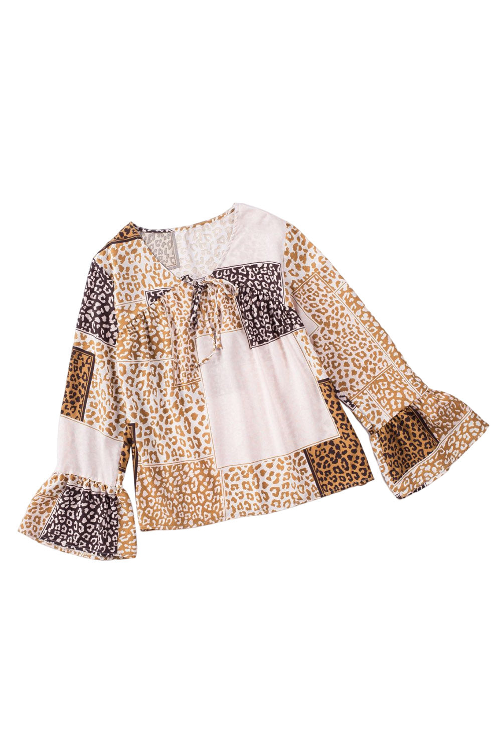 Brown Colorblock Leopard Ribbon Tie Blouse featuring a V-neck and long sleeves, designed for a relaxed fit.