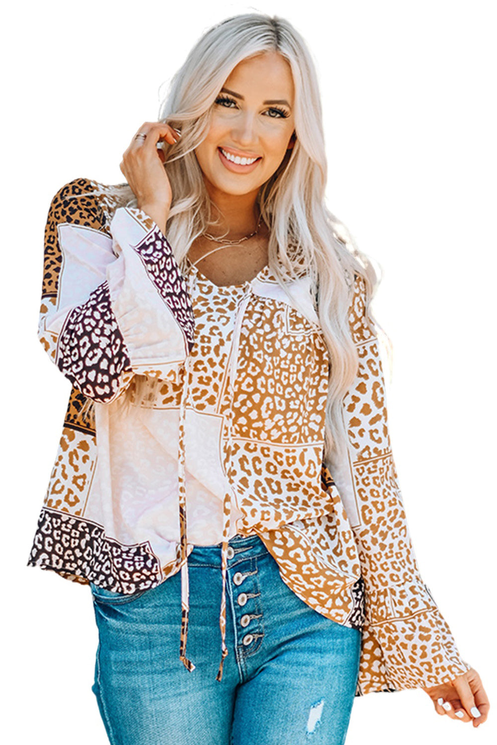 Brown Colorblock Leopard Ribbon Tie Blouse featuring a V-neck and long sleeves, designed for a relaxed fit.