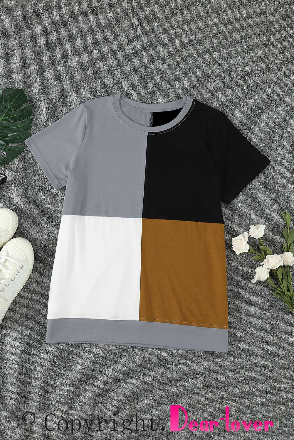 Brown Colorblock T-shirt featuring stylish side slits and a relaxed fit, perfect for casual wear.