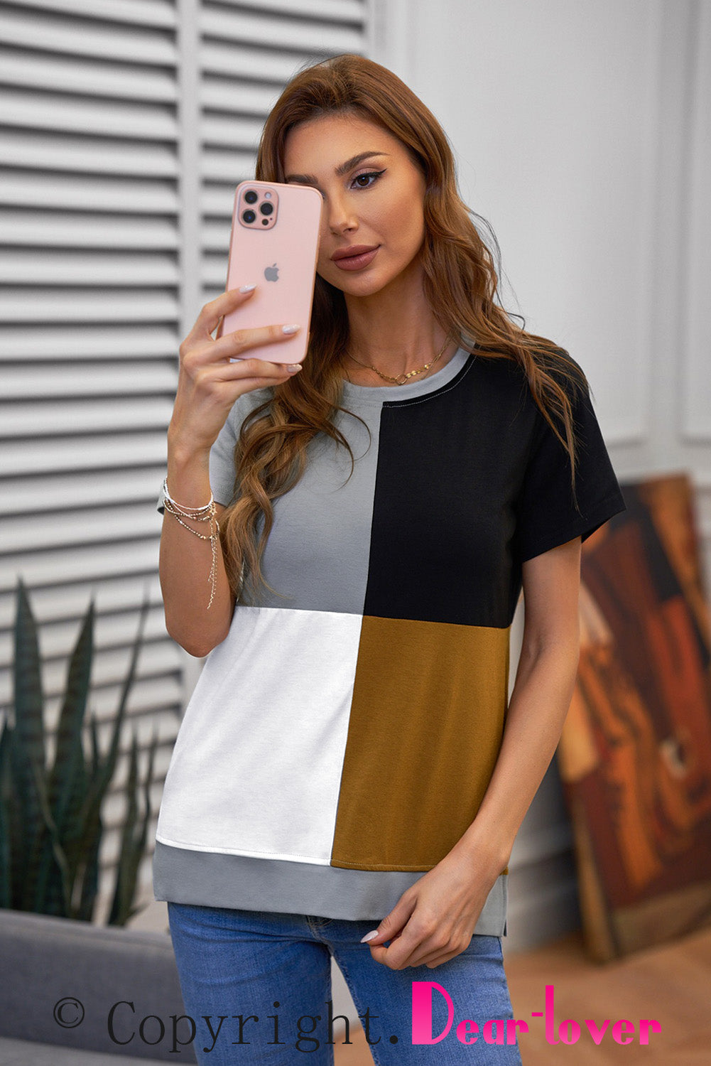 Brown Colorblock T-shirt featuring stylish side slits and a relaxed fit, perfect for casual wear.