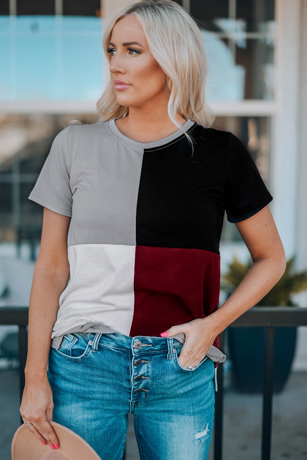 Brown Colorblock T-shirt featuring stylish side slits and a relaxed fit, perfect for casual wear.