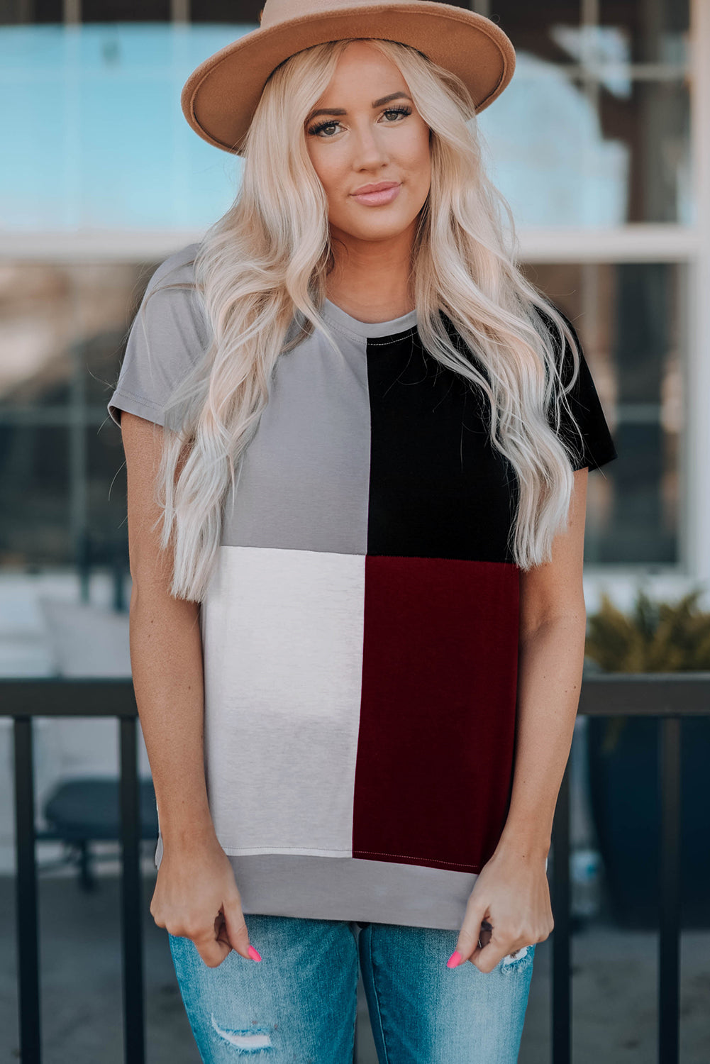 Brown Colorblock T-shirt featuring stylish side slits and a relaxed fit, perfect for casual wear.