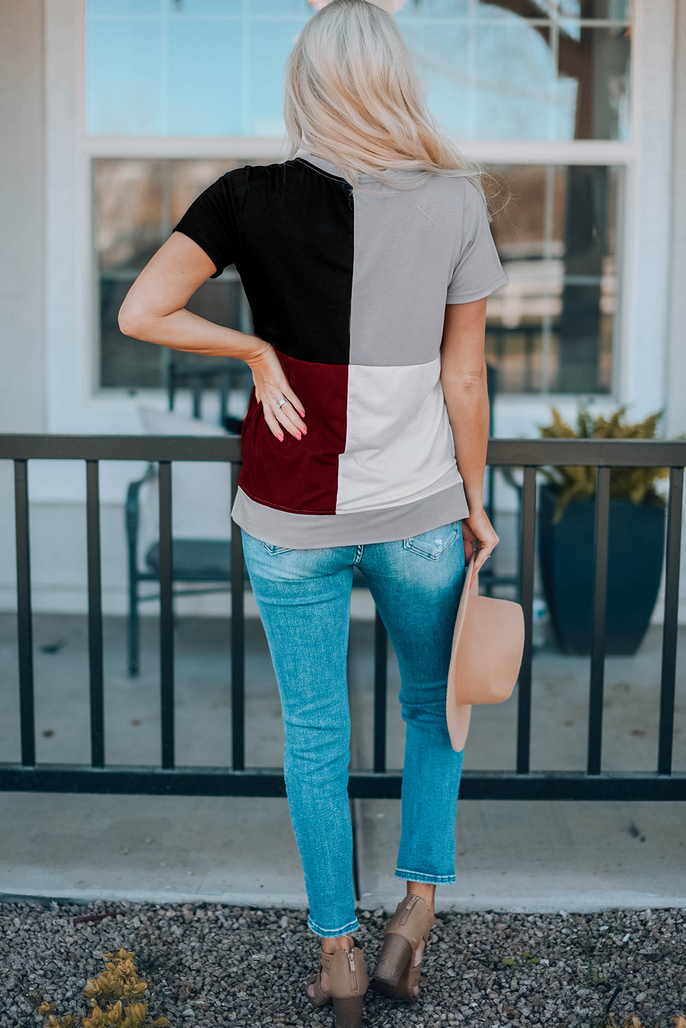 Brown Colorblock T-shirt featuring stylish side slits and a relaxed fit, perfect for casual wear.