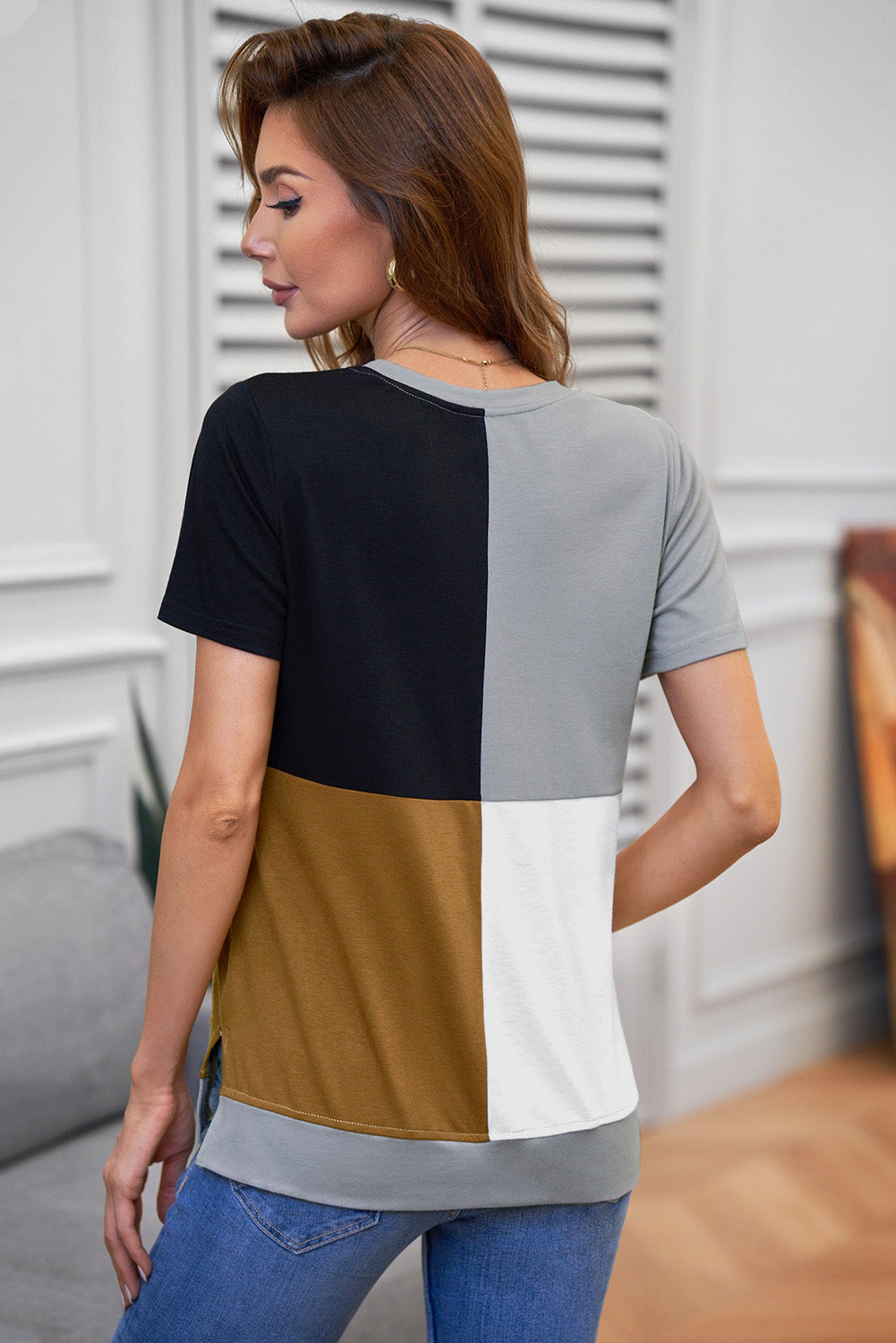 Brown Colorblock T-shirt featuring stylish side slits and a relaxed fit, perfect for casual wear.