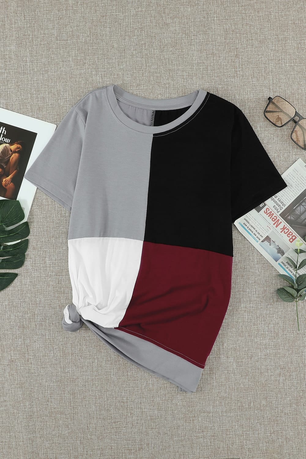 Brown Colorblock T-shirt featuring stylish side slits and a relaxed fit, perfect for casual wear.