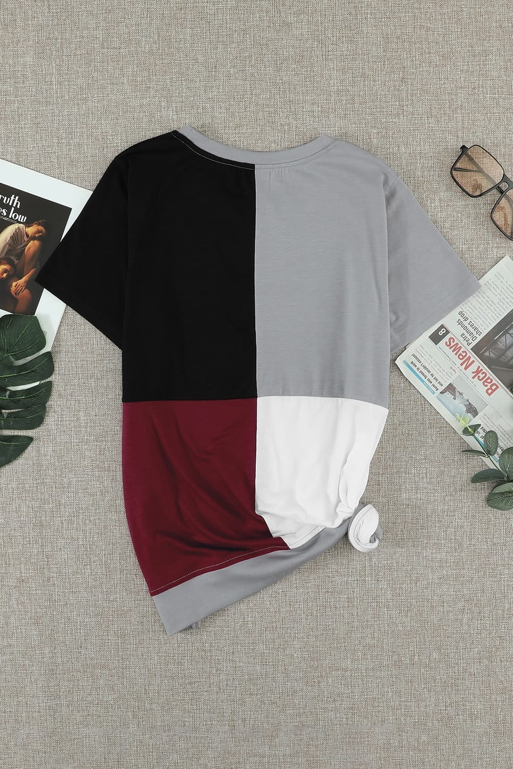 Brown Colorblock T-shirt featuring stylish side slits and a relaxed fit, perfect for casual wear.
