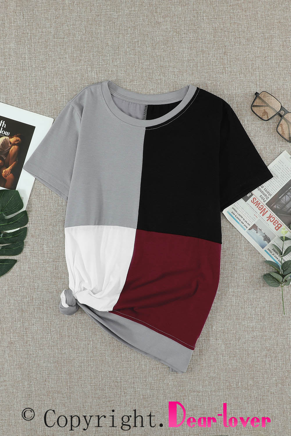 Brown Colorblock T-shirt featuring stylish side slits and a relaxed fit, perfect for casual wear.