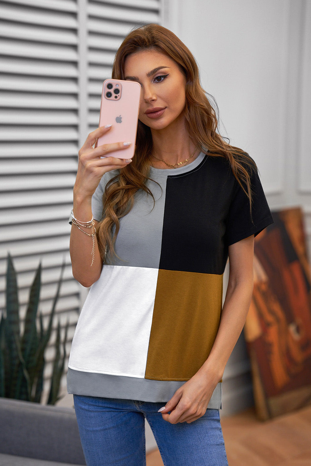 Brown Colorblock T-shirt featuring stylish side slits and a relaxed fit, perfect for casual wear.