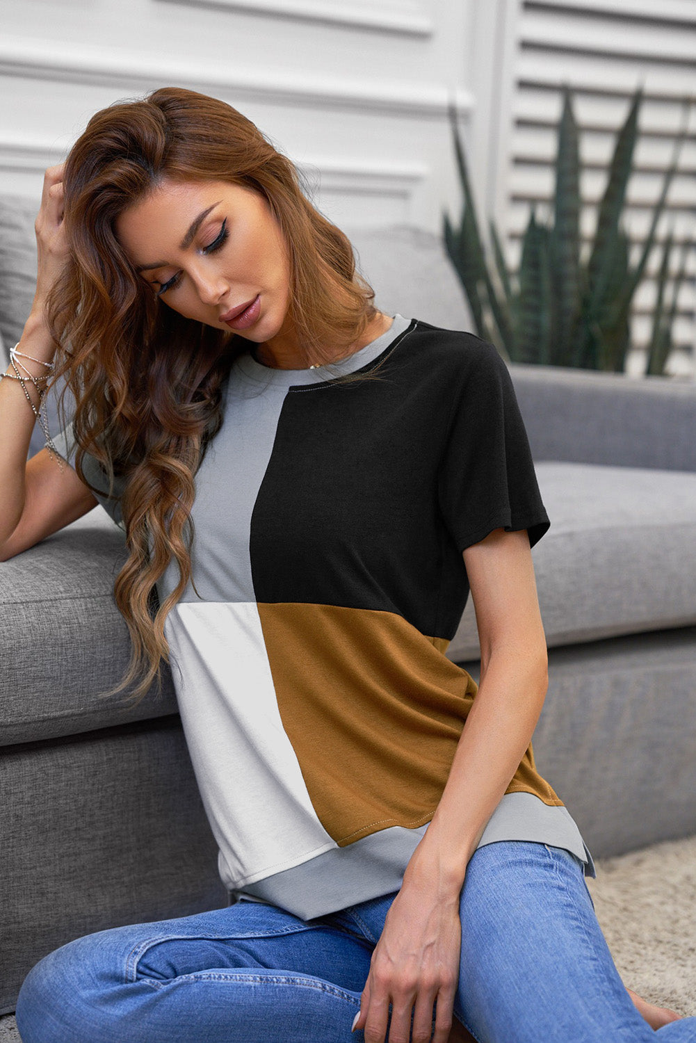 Brown Colorblock T-shirt featuring stylish side slits and a relaxed fit, perfect for casual wear.